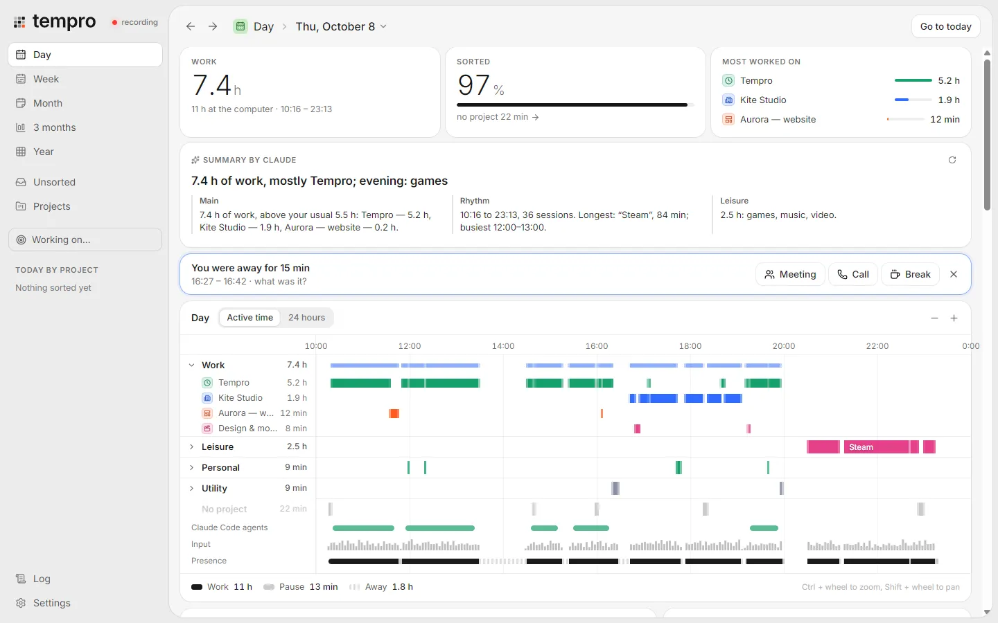 Tempro's Day screen: hours of work, a summary by Claude, a question about 15 minutes away, and one timeline track per project.